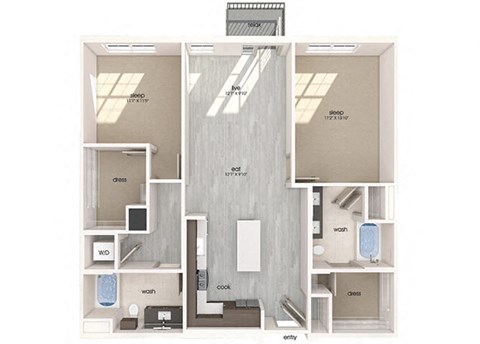 Floor plan for 2 beds, 2 baths, 1221 sqft