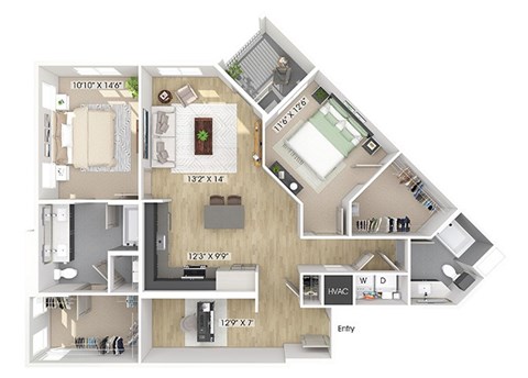 Floor plan for 2 beds, 2 baths, 1406 sqft