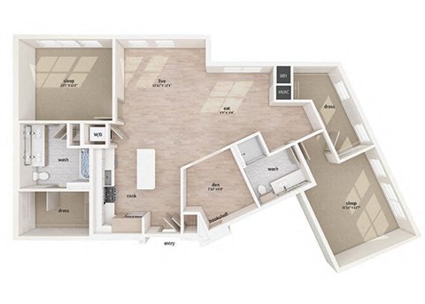 Floor plan for 2 beds, 2 baths, 1406 sqft
