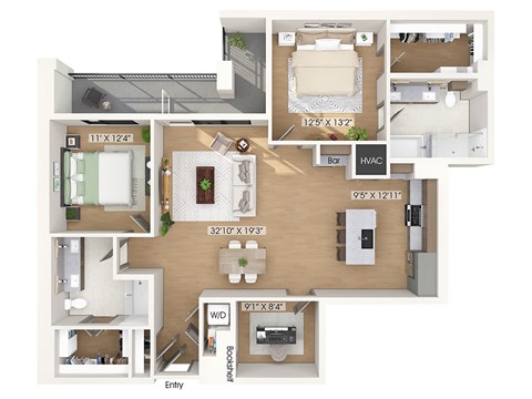 Floor plan for 2 beds, 2 baths, 1454 sqft