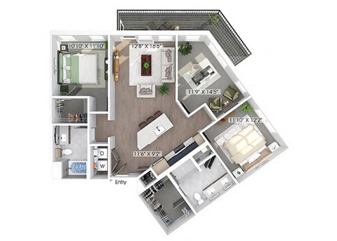 Floor plan for 2 beds, 2 baths, 1269 sqft