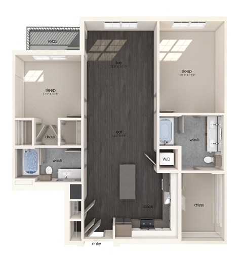 Floor plan for 2 beds, 2 baths, 1215 sqft