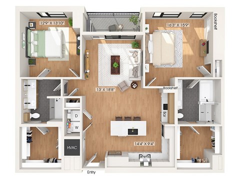 Floor plan for 2 beds, 2 baths, 1457 sqft