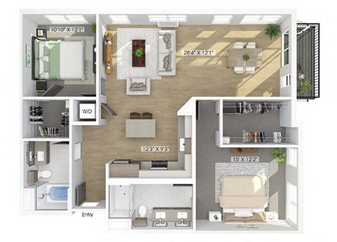 Floor plan for 2 beds, 2 baths, 1307 sqft