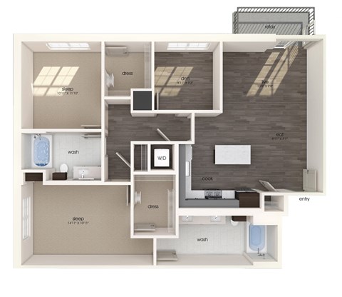 Floor plan for 2 beds, 2 baths, 1267 sqft
