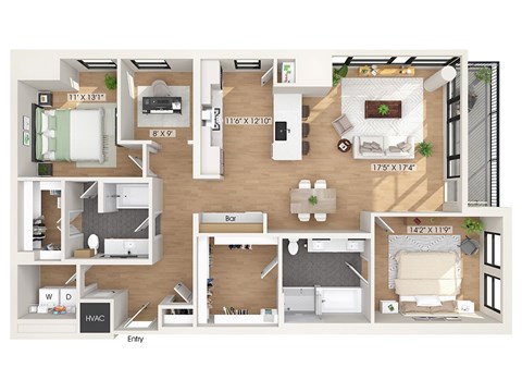 Floor plan for 2 beds, 2 baths, 1612 sqft