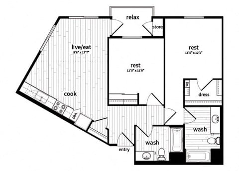 Floor plan for 2 beds, 2 baths, 955 sqft