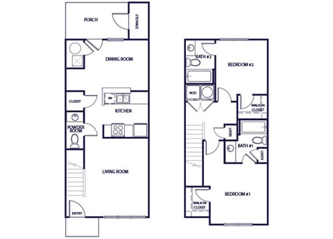 Floor plan for 2 beds, 2.5 baths, 1105 sqft