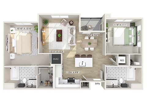 Floor plan for 2 beds, 2 baths, 1001 sqft