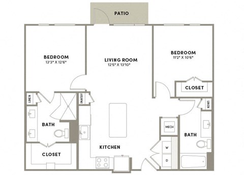 Floor plan for 2 beds, 2 baths, 1010 sqft