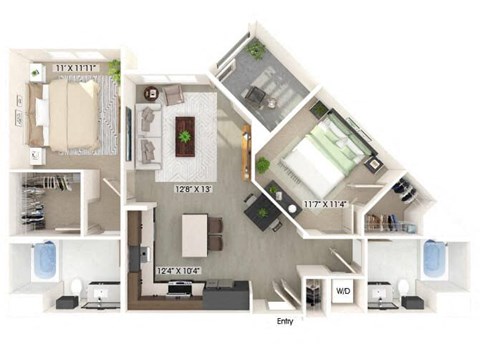 Floor plan for 2 beds, 2 baths, 1036 sqft