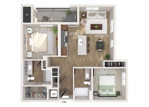 Floor plan for 2 beds, 2 baths, 1029 sqft