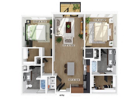 Floor plan for 2 beds, 2 baths, 1041 sqft