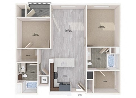 Floor plan for 2 beds, 2 baths, 1052 sqft