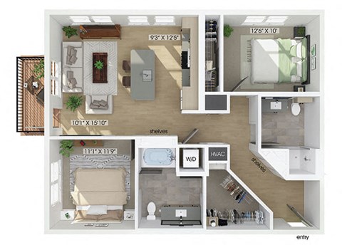 Floor plan for 2 beds, 2 baths, 1053 sqft