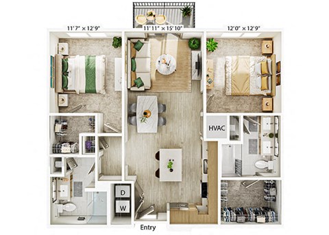 Floor plan for 2 beds, 2 baths, 1064 sqft
