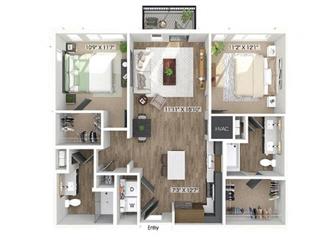 Floor plan for 2 beds, 2 baths, 1152 sqft