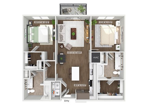 Floor plan for 2 beds, 2 baths, 1064 sqft