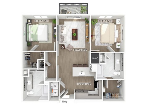 Floor plan for 2 beds, 2 baths, 1067 sqft