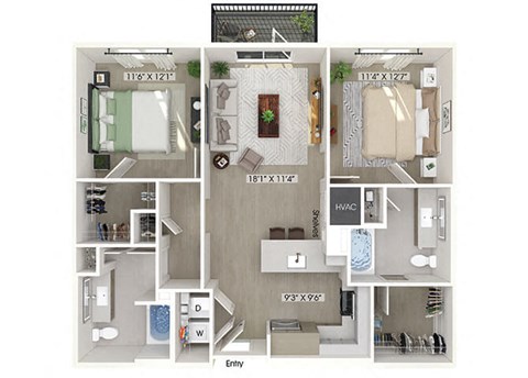 Floor plan for 2 beds, 2 baths, 1067 sqft