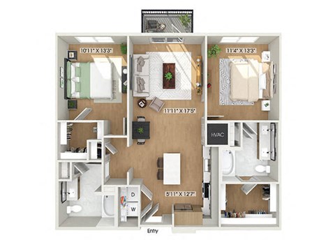 Floor plan for 2 beds, 2 baths, 1100 sqft
