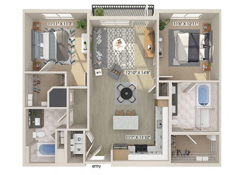 Floor plan for 2 beds, 2 baths, 1118 sqft