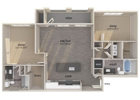 Floor plan for 2 beds, 2 baths, 1156 sqft