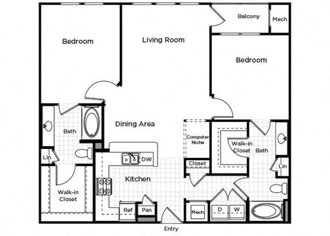Floor plan for 2 beds, 2 baths, 1249 sqft