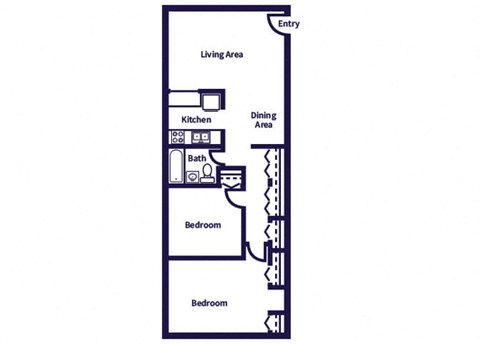 Floor plan for 2 beds, 1 bath, 782 sqft