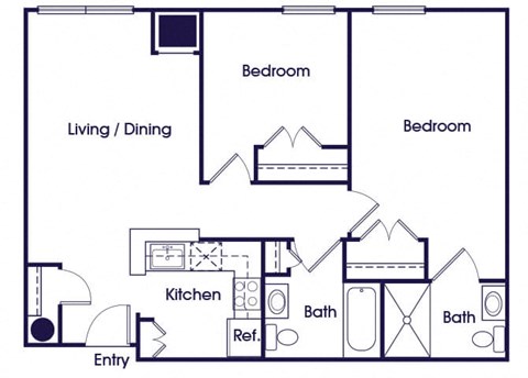 Floor plan for 2 beds, 2 baths, 810 sqft