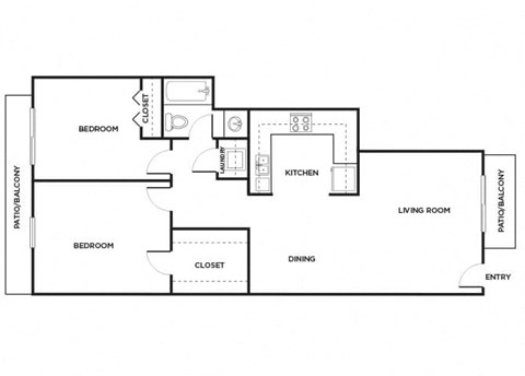 Floor plan for 2 beds, 1 bath, 813 sqft