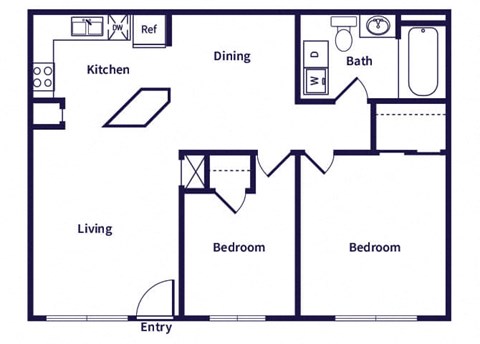 Floor plan for 2 beds, 1 bath, 816 sqft