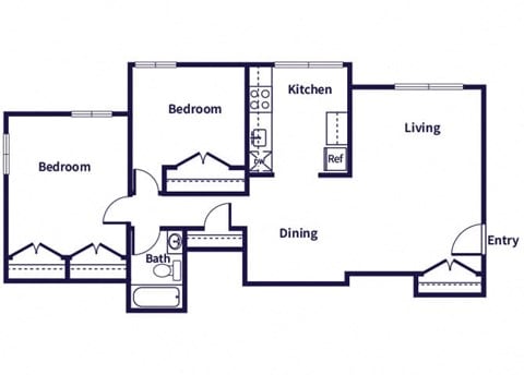 Floor plan for 2 beds, 1 bath, 824 sqft