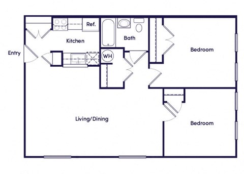 Floor plan for 2 beds, 1 bath, 857 sqft