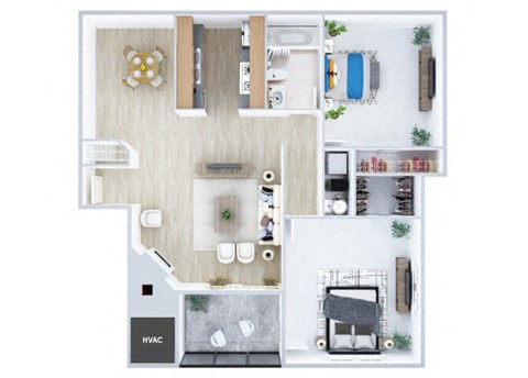 Floor plan for 2 beds, 1 bath, 876 sqft