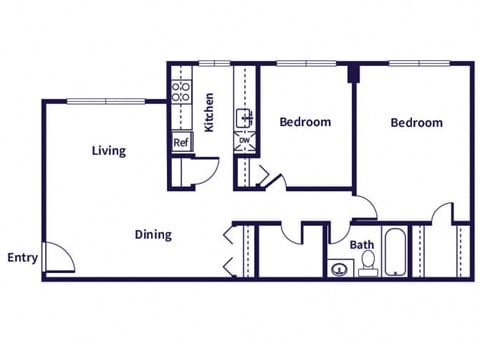 Floor plan for 2 beds, 1 bath, 882 sqft