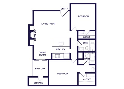 Floor plan for 2 beds, 2 baths, 900 sqft