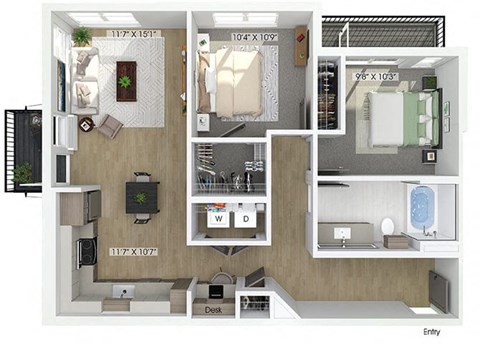Floor plan for 2 beds, 1 bath, 926 sqft