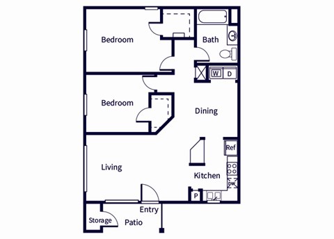 Floor plan for 2 beds, 1 bath, 916 sqft