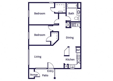 Floor plan for 2 beds, 1 bath, 916 sqft