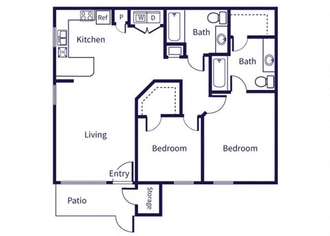 Floor plan for 2 beds, 2 baths, 916 sqft