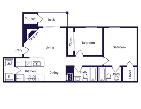 Floor plan for 2 beds, 2 baths, 923 sqft