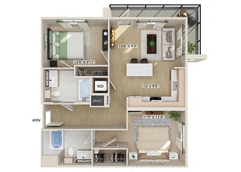 Floor plan for 2 beds, 2 baths, 926 sqft