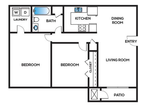Floor plan for 2 beds, 2 baths, 930 sqft