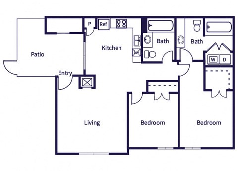 Floor plan for 2 beds, 2 baths, 935 sqft