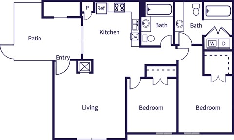Floor plan for 2 beds, 2 baths, 935 sqft
