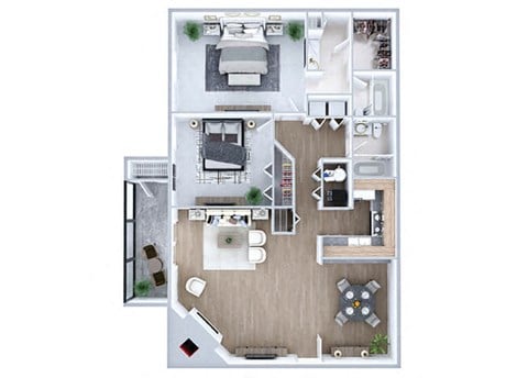 Floor plan for 2 beds, 2 baths, 937 sqft