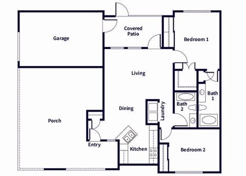 Floor plan for 2 beds, 2 baths, 938 sqft
