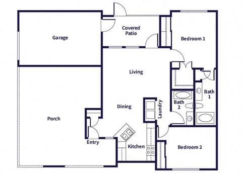 Floor plan for 2 beds, 2 baths, 938 sqft