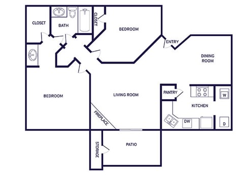 Floor plan for 2 beds, 1 bath, 939 sqft